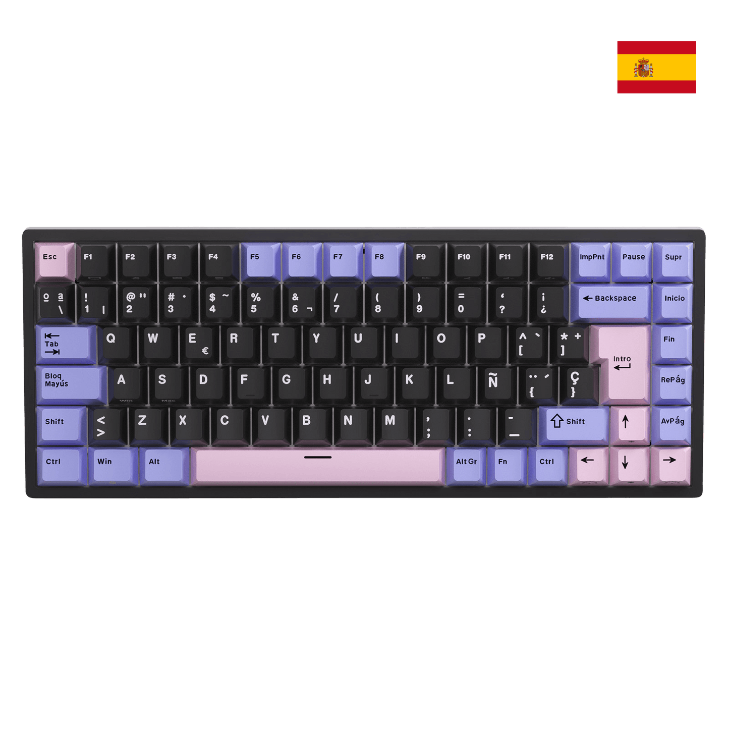 Close-up of Royal Kludge RK84 Spanish layout showing the native ES ISO keycaps with the Ñ character and large Enter key.