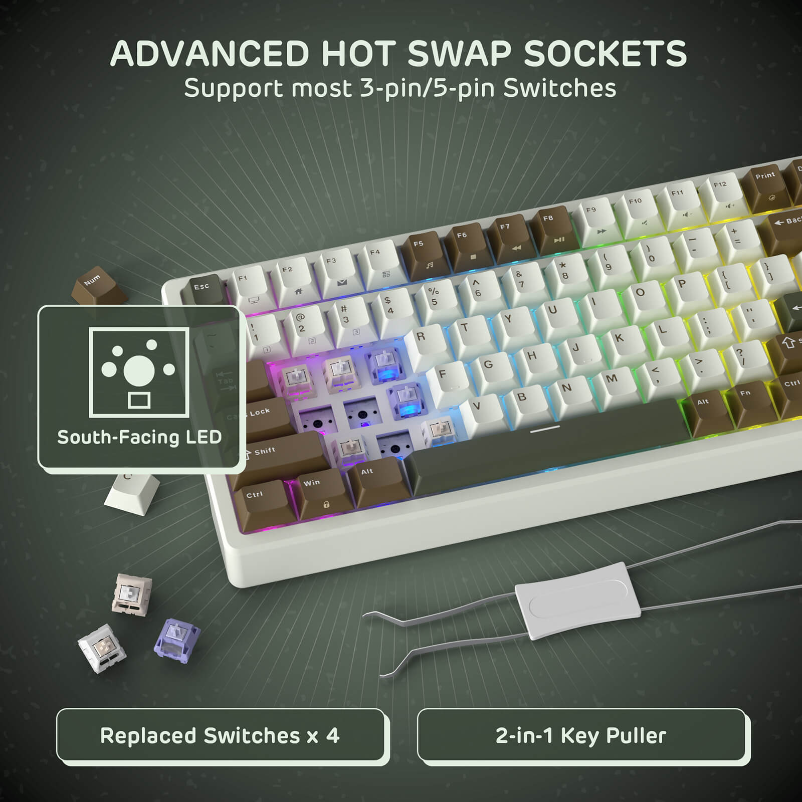 RK F99 Mechanical keyboard with advanced hot swap sockets and related components on a dark background