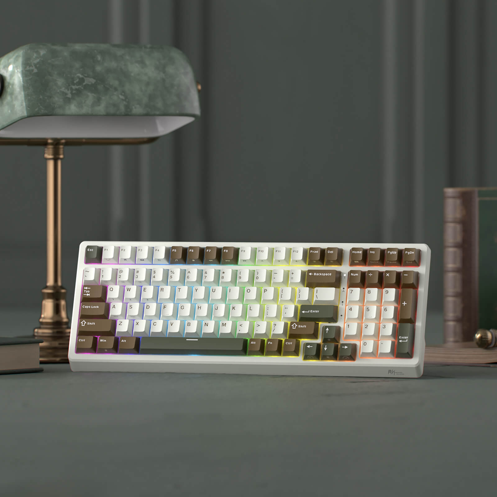 Mechanical keyboard on a dark surface with a blurred background