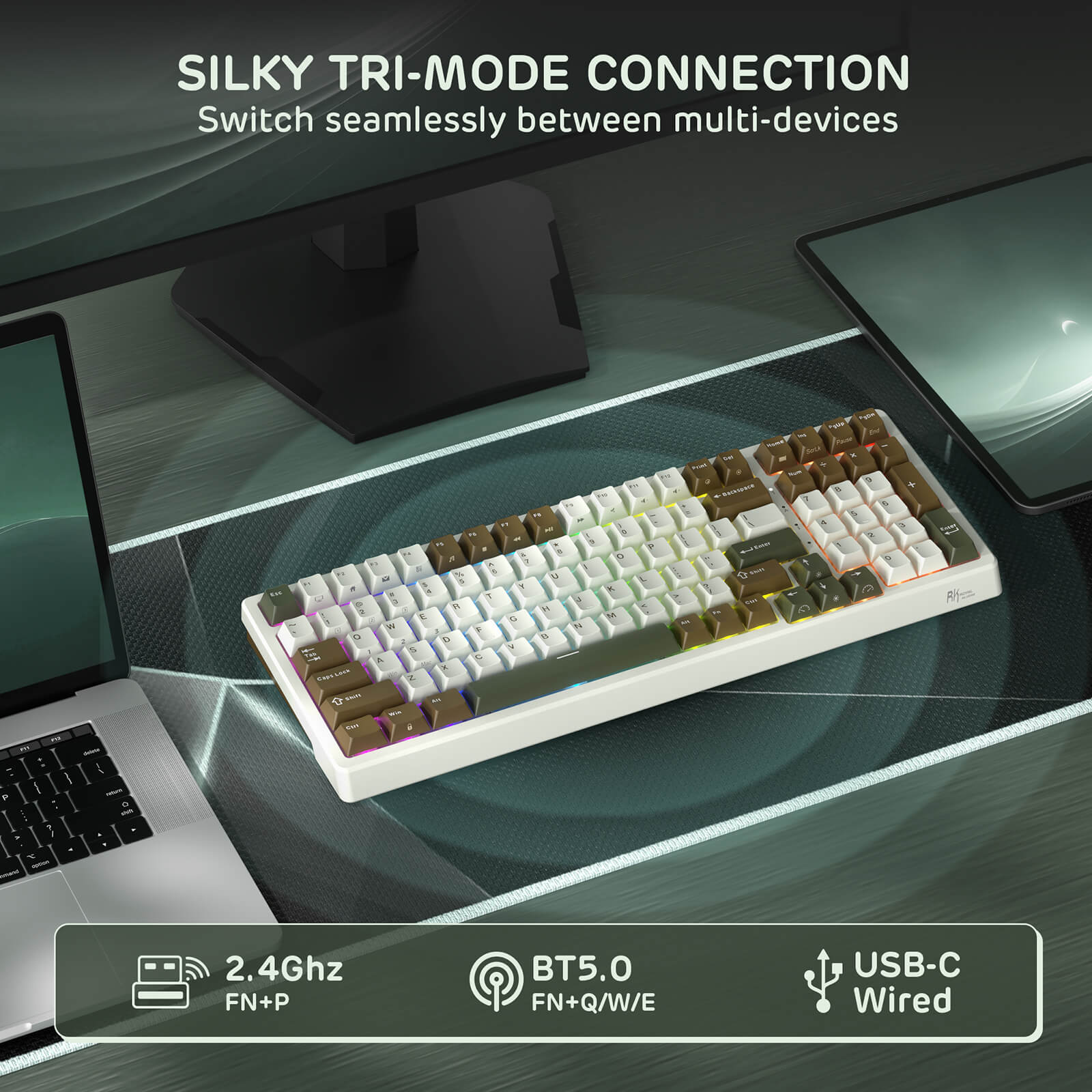 RK F99 Mechanical keyboard with three connection modes on a desk setup