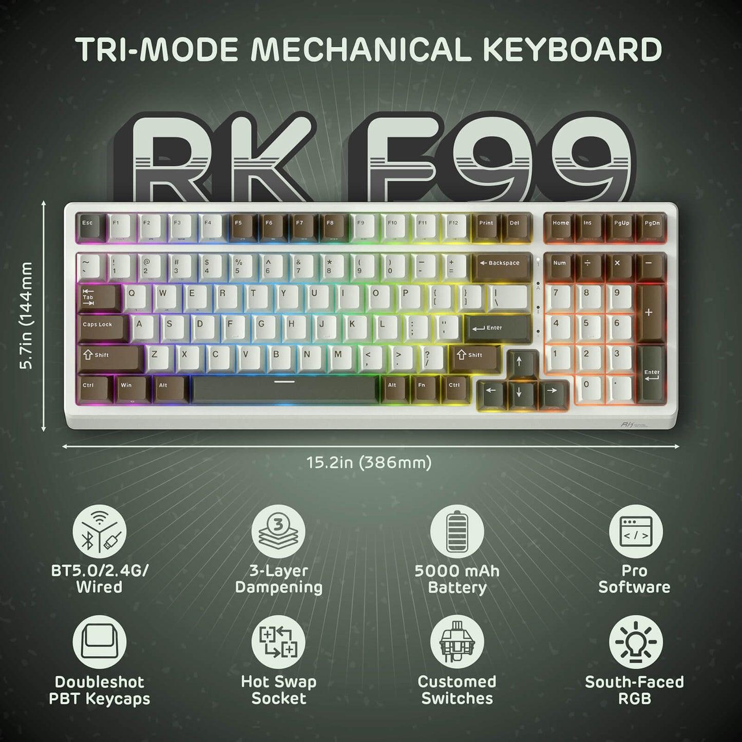 RK ROYAL KLUDGE F99 Wireless Mechanical Keyboard with Number Pad, Tri-Mode Hot Swappable 95%100 Keys Gaming Keyboard BT/2.4G/USB-C, Pro Software, 5000mAh Battery, Customed Switches
