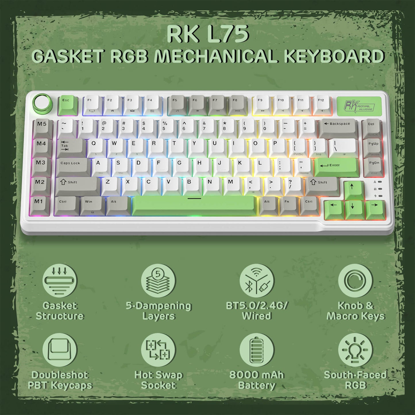 RK ROYAL KLUDGE L75 Gasket Mount Mechanical Keyboard w/Knob /Macro Keys & Touchable Nameplate, Tri-Mode 75% TKL Wireless Keyboard BT/2.4G/USB-C, Hot Swappable, Pro Software, Massive 8000mAh Battery