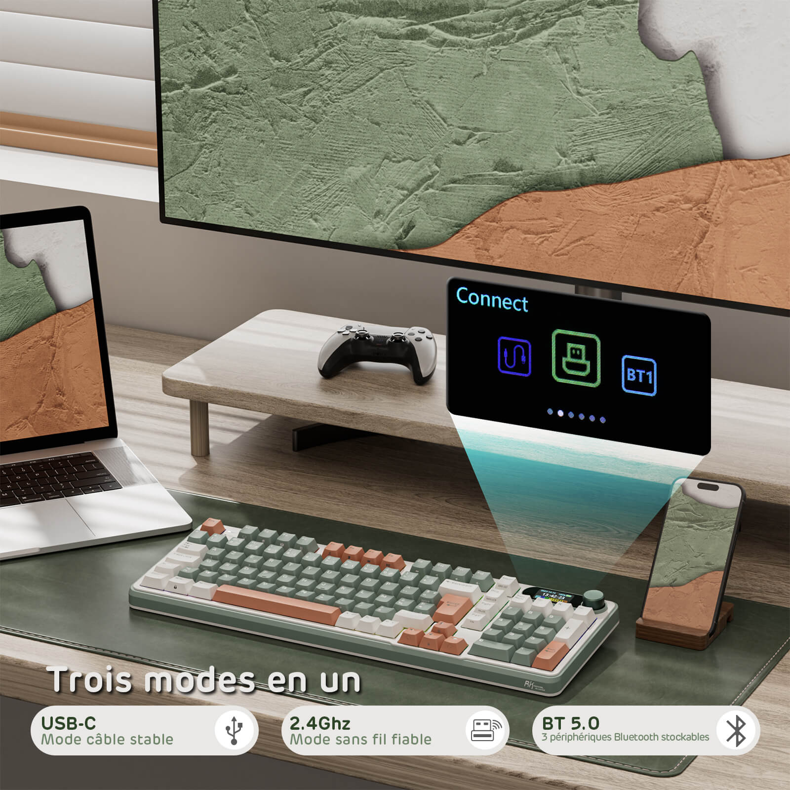 Multimedia setup with monitor, RK S98 keyboard, and smartphone on a desk