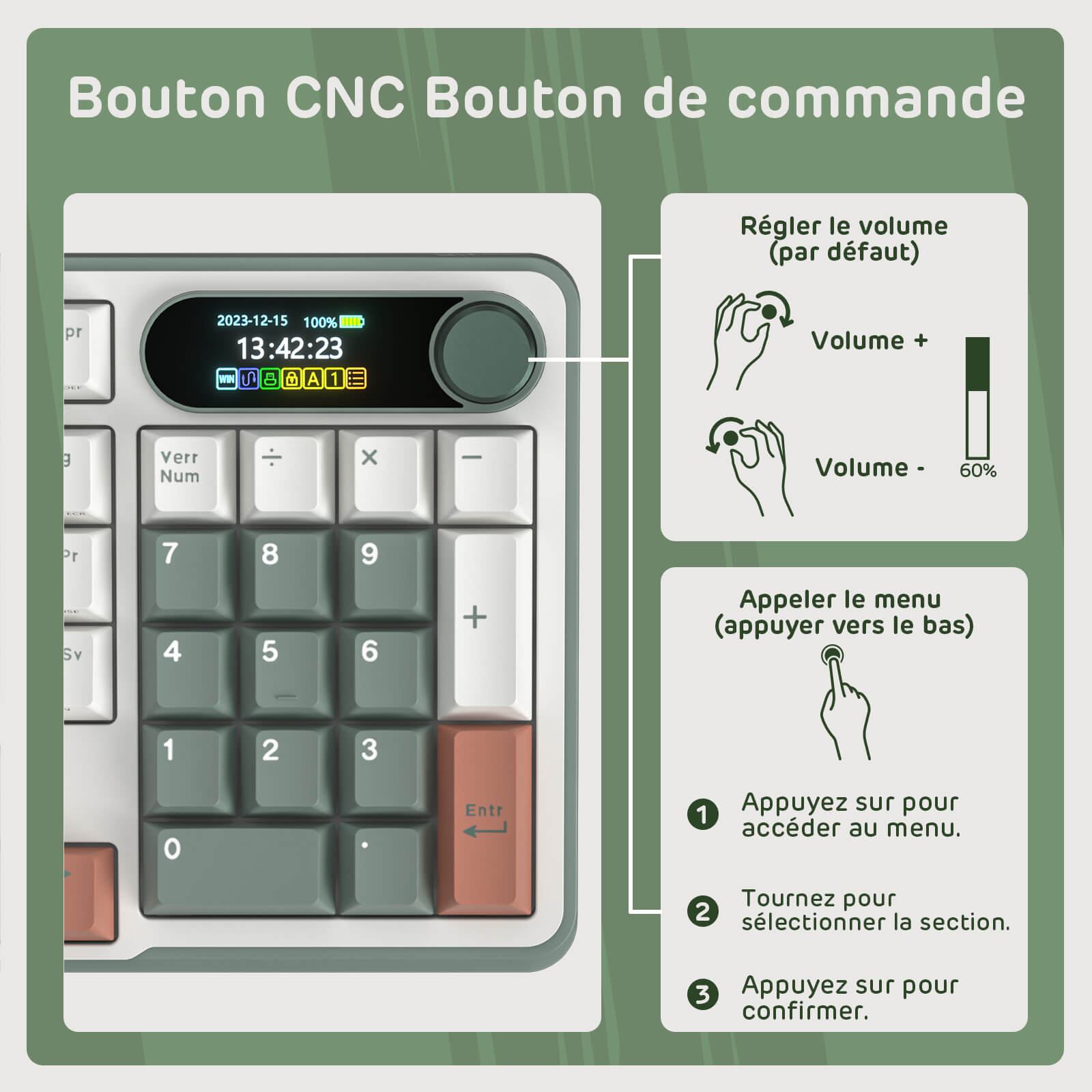 Control panel with buttons and display, featuring text in French about volume control and menu navigation.