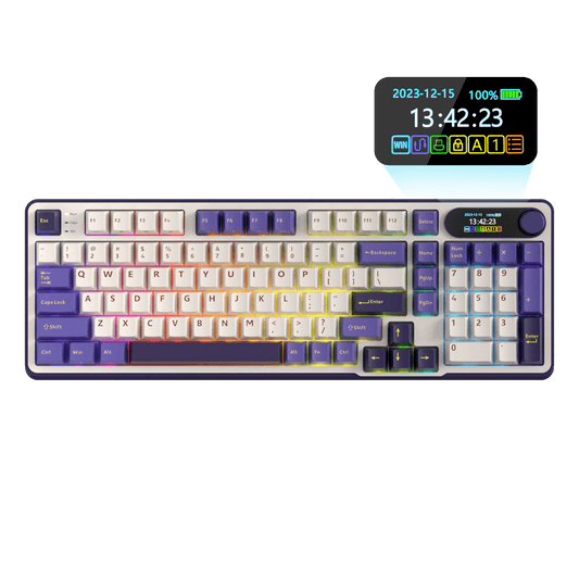 Close-up view of the RK ROYAL KLUDGE S98 Wireless Hot-Swappable RGB Keyboard in Lavender Purple with number pad, showcasing the RGB backlit keys and volume knob for media control
