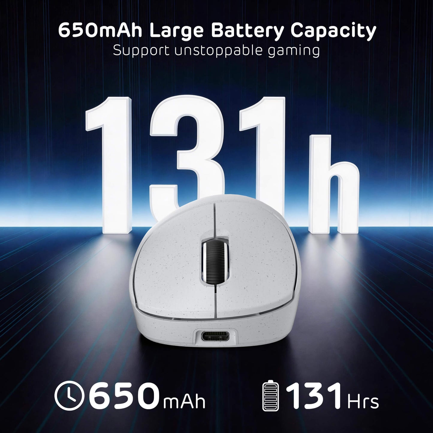 White computer mouse with battery capacity text on a dark background