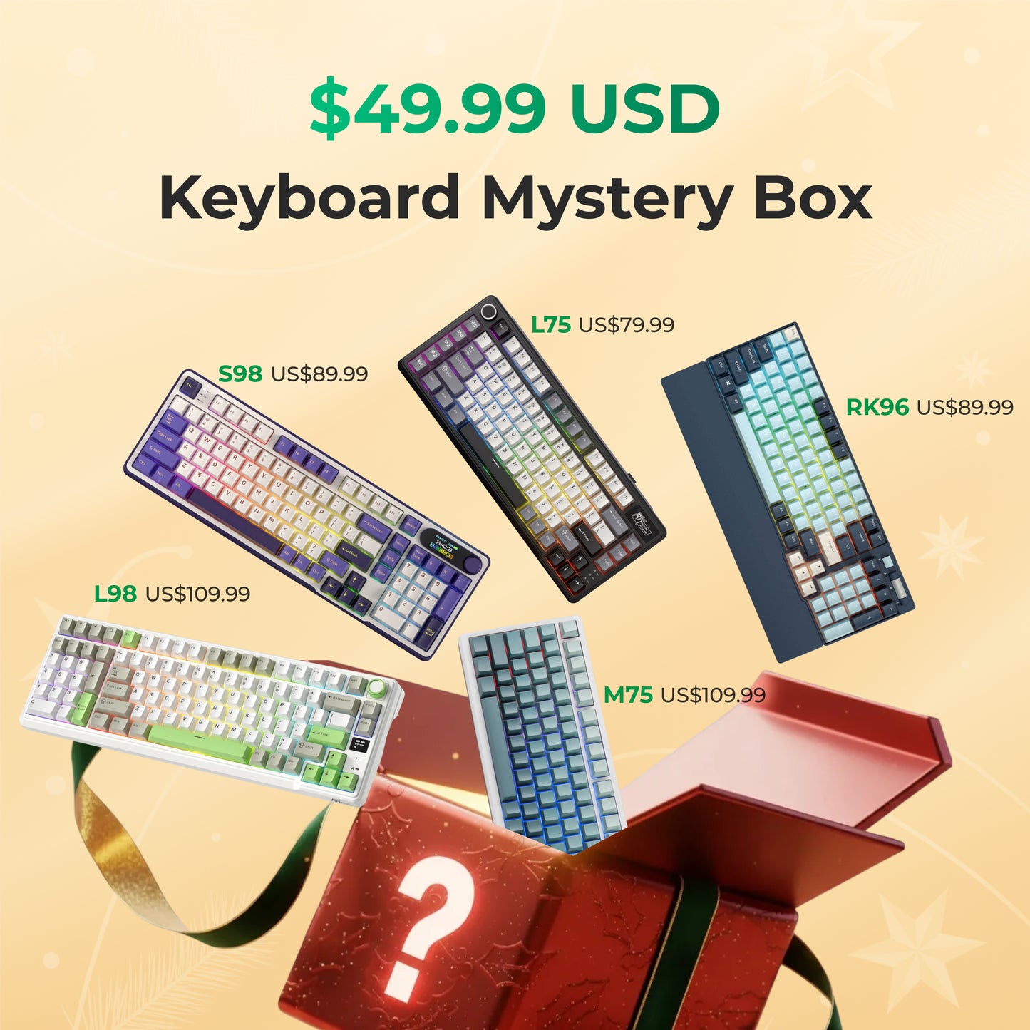 Royal Kludge RK Keyboard mystery box with various keyboard designs and prices on a beige background