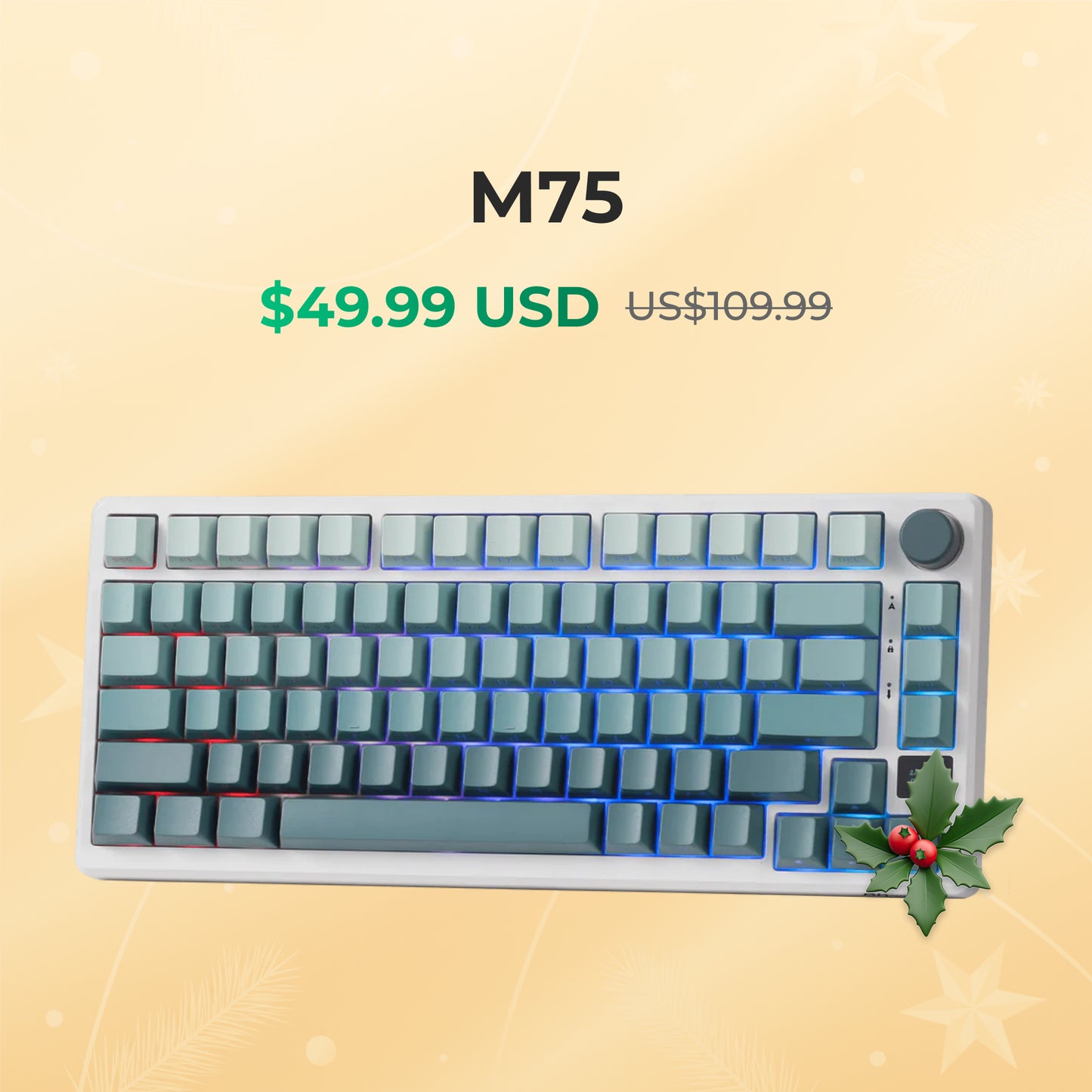 Royal Kludge RK Mechanical keyboard with 'M75' branding and price on a beige background