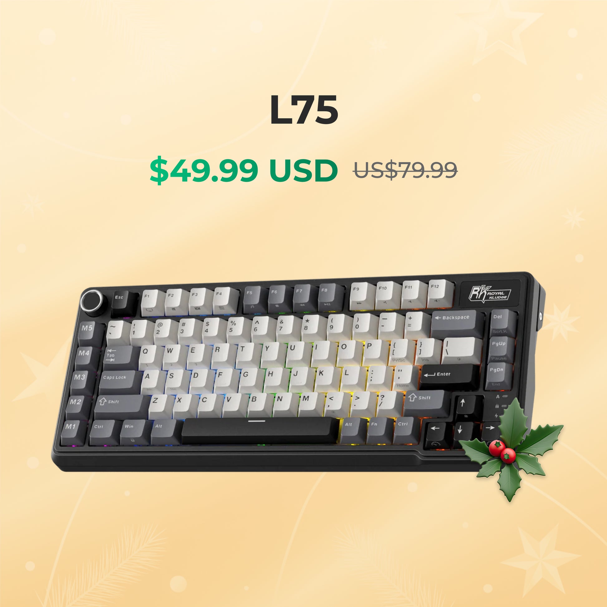 Royal Kludge RK Mechanical keyboard with price and brand name on a beige background