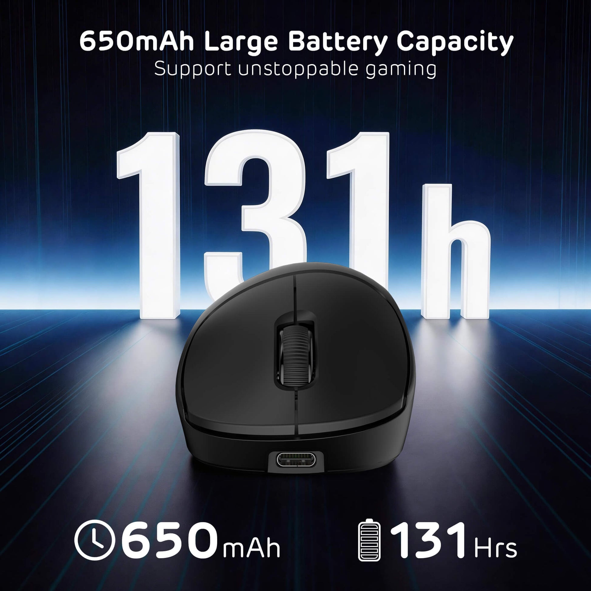 Black gaming mouse with battery capacity text on a dark background