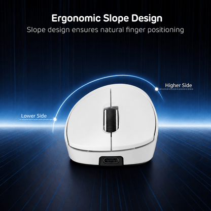 Ergonomic mouse with highlighted slope design on a dark background