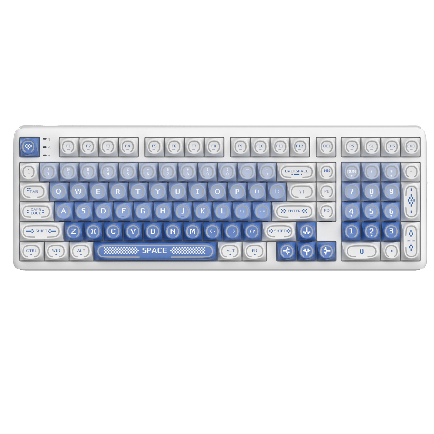 A white mechanical keyboard with custom blue and light gray keycaps, shown against a solid black background.