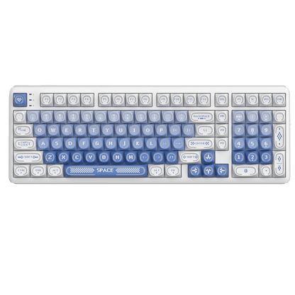 A white mechanical keyboard with custom blue and light gray keycaps, shown against a solid black background.