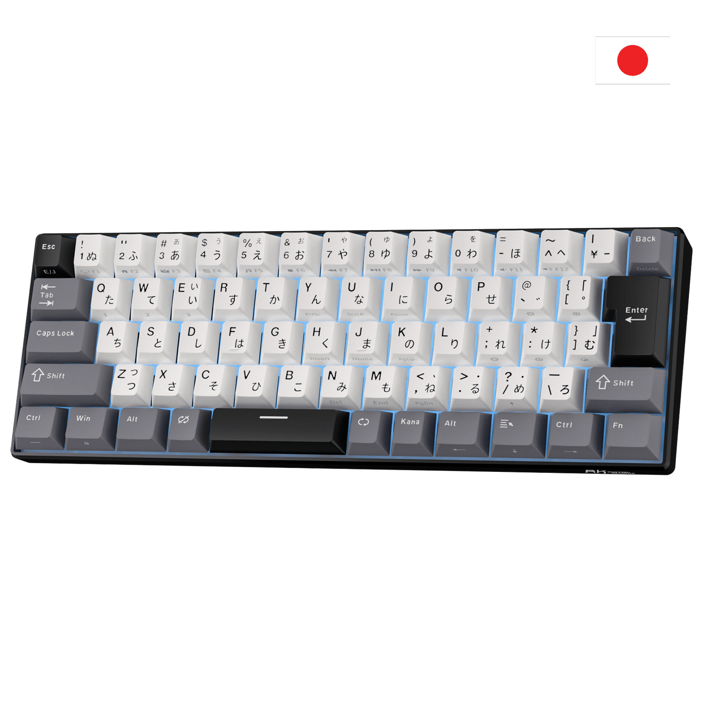 Close-up of Royal Kludge RK61 JP layout showing the native Japanese JIS big Enter key and shortened spacebar with language switching keys.