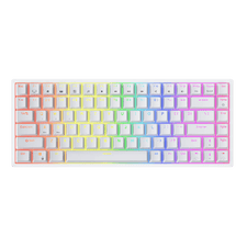 RK Royal Kludge RK84 wireless keyboard highlighting its 3750 mAh battery with features for fast charging (6-7 hours) and long-lasting use (up to 200 hours), displayed with RGB light