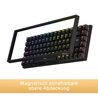 RK84 75% German DE QWERTZ Layout gaming keyboard featuring a magnetic detachable top cover, displayed with vibrant RGB lighting