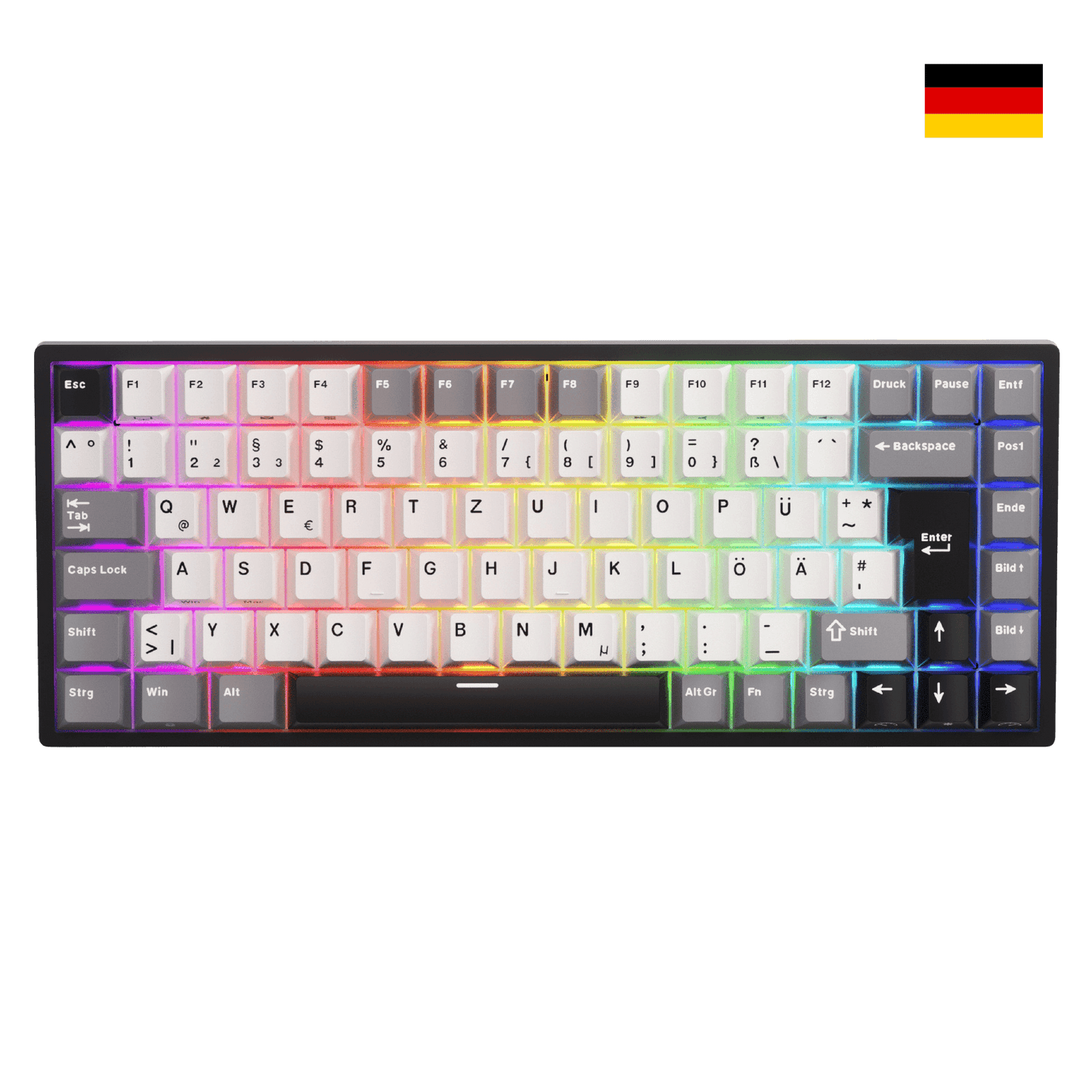 Close-up of Royal Kludge RK84 German layout showing native DE ISO QWERTZ keycaps with umlauts Ä, Ö, Ü and large Enter key.