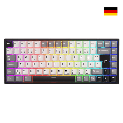 Close-up of Royal Kludge RK84 German layout showing native DE ISO QWERTZ keycaps with umlauts Ä, Ö, Ü and large Enter key.