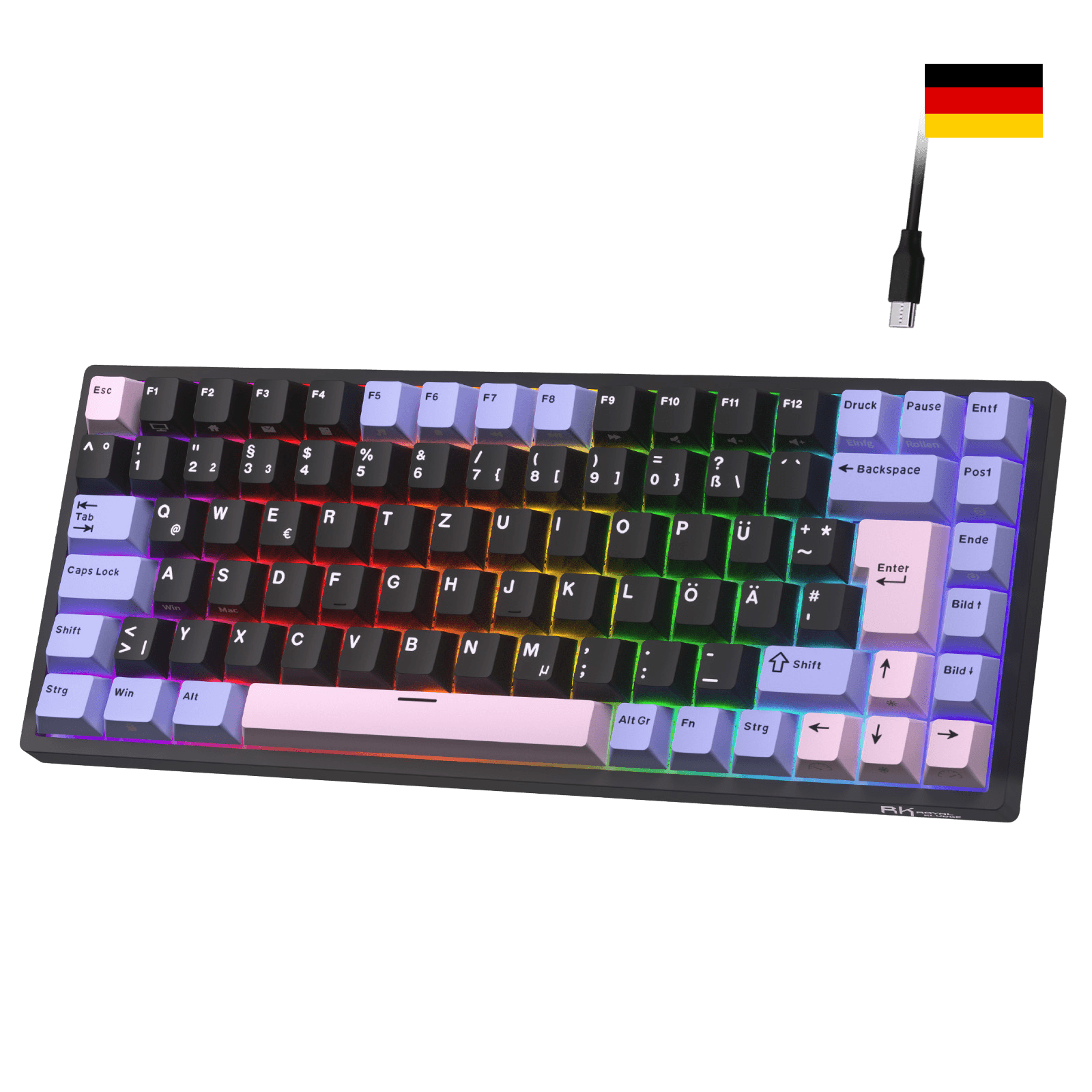 Close-up of Royal Kludge RK84 German layout showing native DE ISO QWERTZ keycaps with umlauts Ä, Ö, Ü and large Enter key.