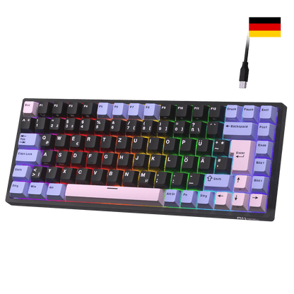 Close-up of Royal Kludge RK84 German layout showing native DE ISO QWERTZ keycaps with umlauts Ä, Ö, Ü and large Enter key.