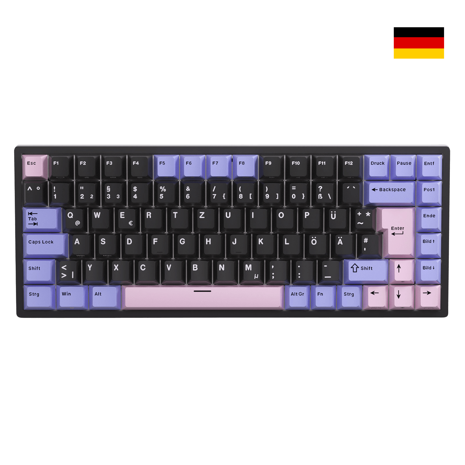 Close-up of Royal Kludge RK84 German layout showing native DE ISO QWERTZ keycaps with umlauts Ä, Ö, Ü and large Enter key.