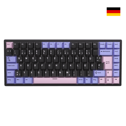 Close-up of Royal Kludge RK84 German layout showing native DE ISO QWERTZ keycaps with umlauts Ä, Ö, Ü and large Enter key.
