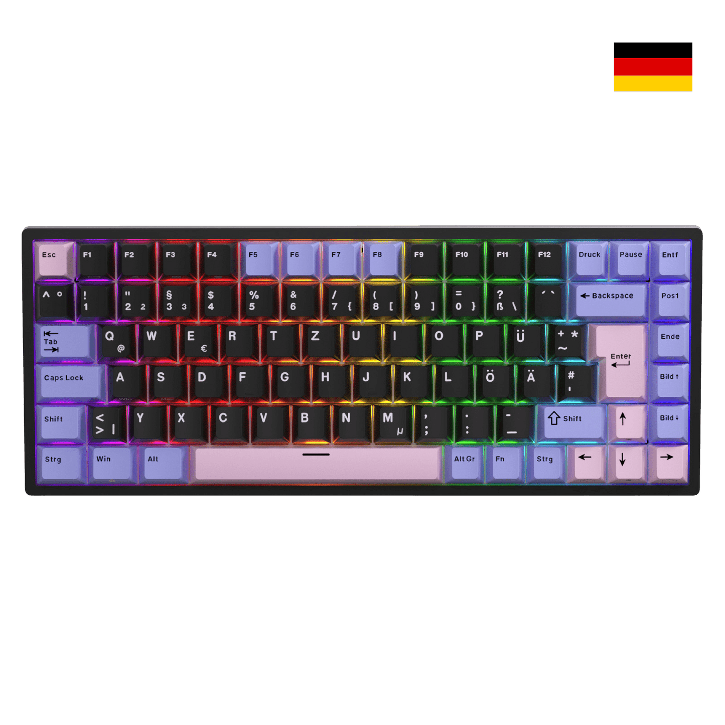 Close-up of Royal Kludge RK84 German layout showing native DE ISO QWERTZ keycaps with umlauts Ä, Ö, Ü and large Enter key.