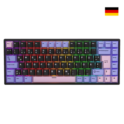 Close-up of Royal Kludge RK84 German layout showing native DE ISO QWERTZ keycaps with umlauts Ä, Ö, Ü and large Enter key.