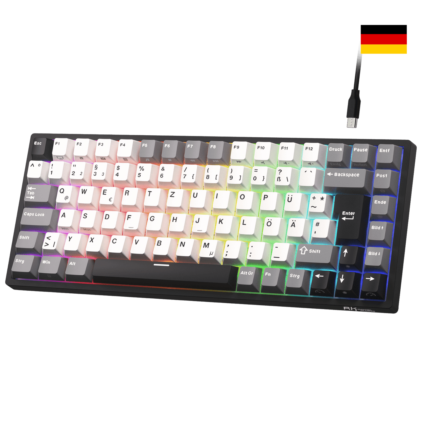 Close-up of Royal Kludge RK84 German layout showing native DE ISO QWERTZ keycaps with umlauts Ä, Ö, Ü and large Enter key.