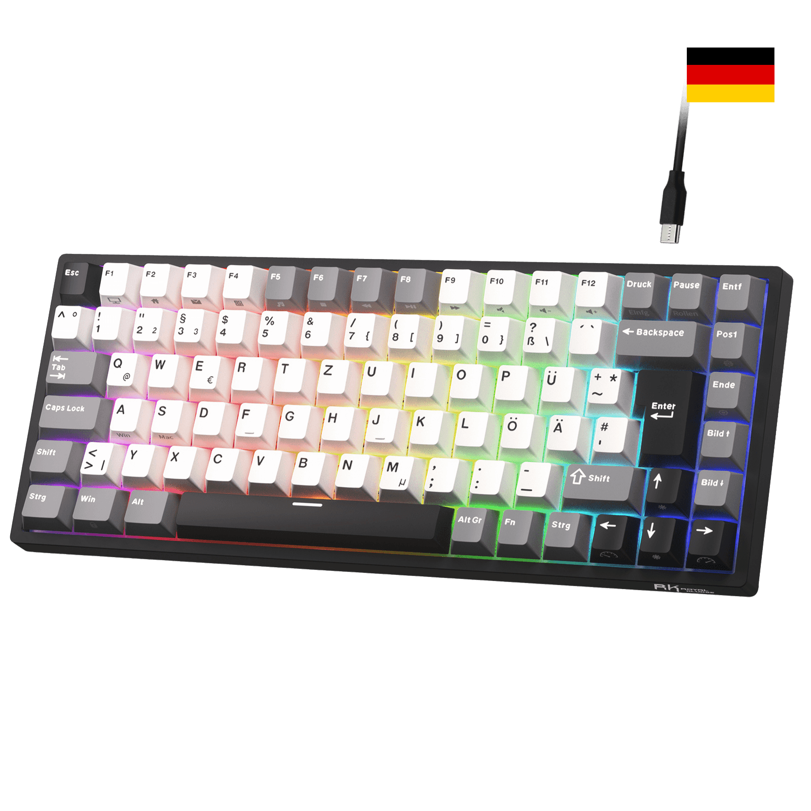 Close-up of Royal Kludge RK84 German layout showing native DE ISO QWERTZ keycaps with umlauts Ä, Ö, Ü and large Enter key.