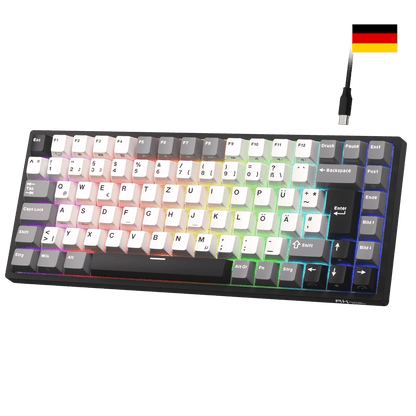 Close-up of Royal Kludge RK84 German layout showing native DE ISO QWERTZ keycaps with umlauts Ä, Ö, Ü and large Enter key.