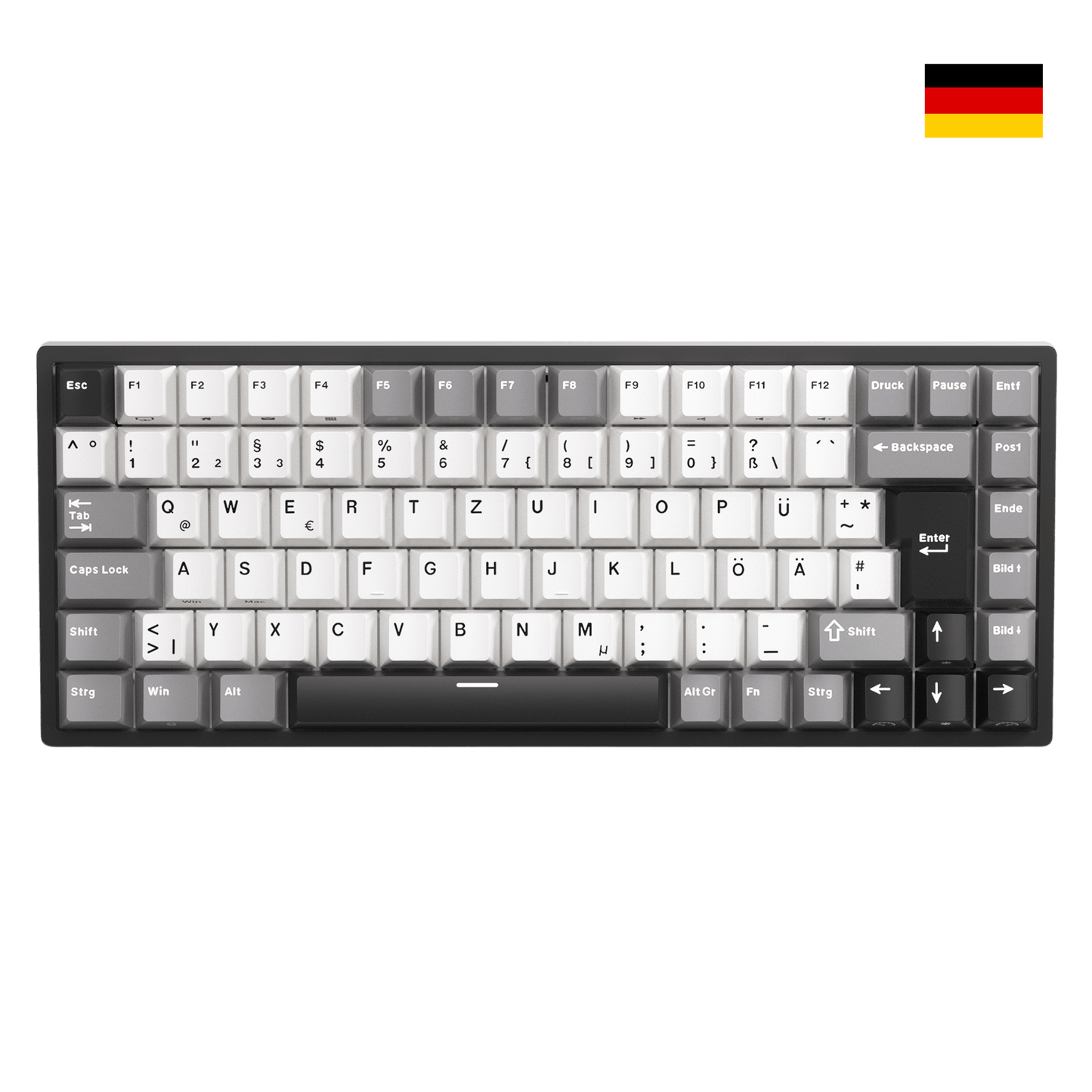 Close-up of Royal Kludge RK84 German layout showing native DE ISO QWERTZ keycaps with umlauts Ä, Ö, Ü and large Enter key.