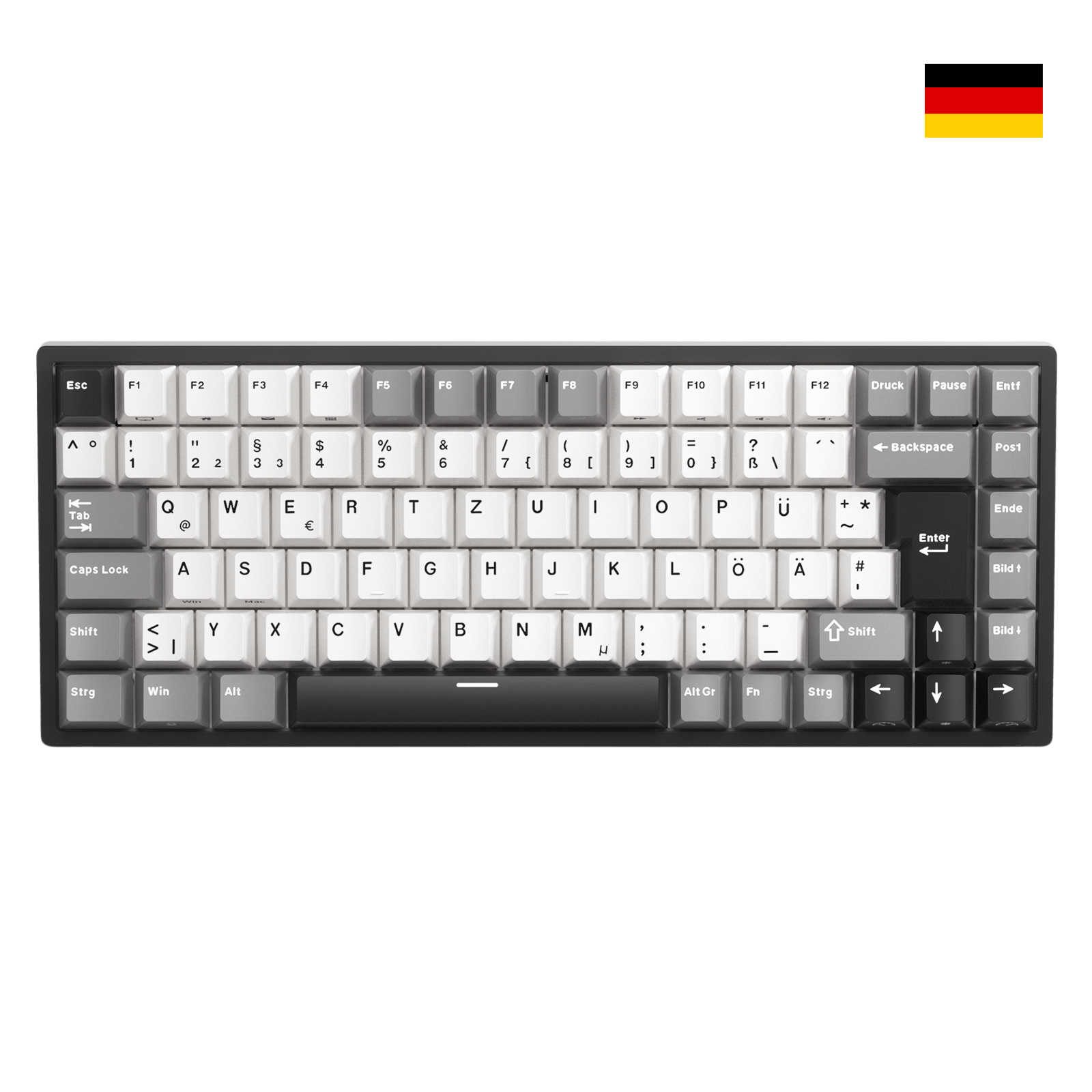 Close-up of Royal Kludge RK84 German layout showing native DE ISO QWERTZ keycaps with umlauts Ä, Ö, Ü and large Enter key.