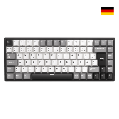 Close-up of Royal Kludge RK84 German layout showing native DE ISO QWERTZ keycaps with umlauts Ä, Ö, Ü and large Enter key.