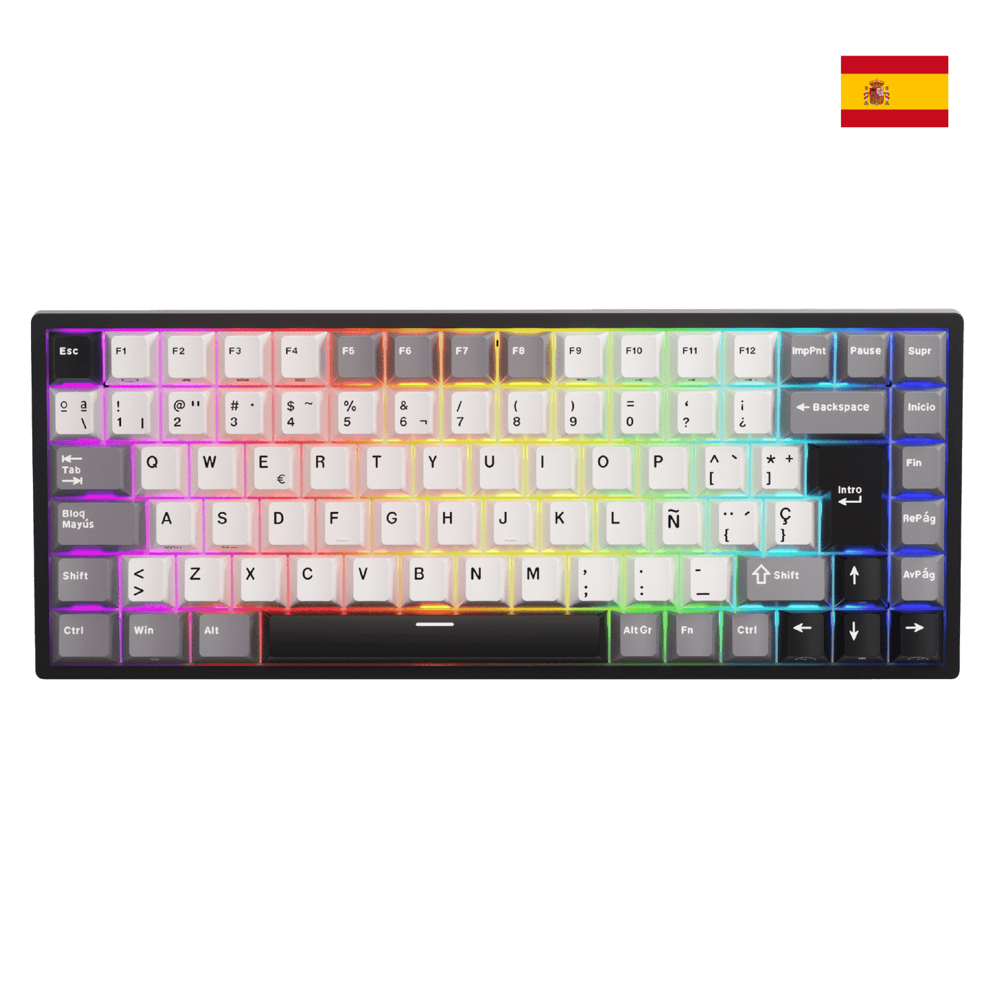 Close-up of Royal Kludge RK84 Spanish layout showing the native ES ISO keycaps with the Ñ character and large Enter key.