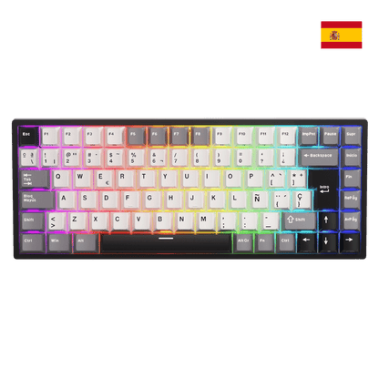 Close-up of Royal Kludge RK84 Spanish layout showing the native ES ISO keycaps with the Ñ character and large Enter key.