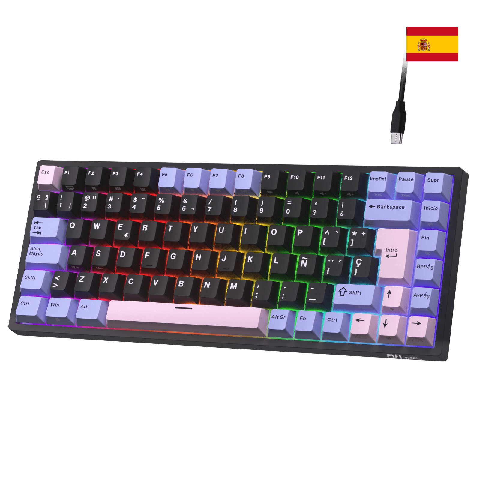 Close-up of Royal Kludge RK84 Spanish layout showing the native ES ISO keycaps with the Ñ character and large Enter key.