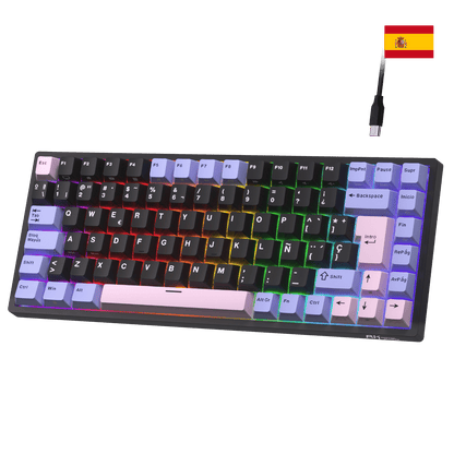 Close-up of Royal Kludge RK84 Spanish layout showing the native ES ISO keycaps with the Ñ character and large Enter key.