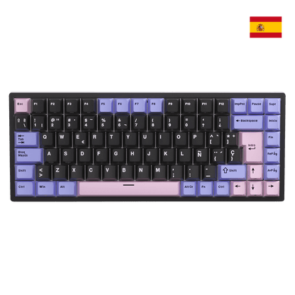 Close-up of Royal Kludge RK84 Spanish layout showing the native ES ISO keycaps with the Ñ character and large Enter key.