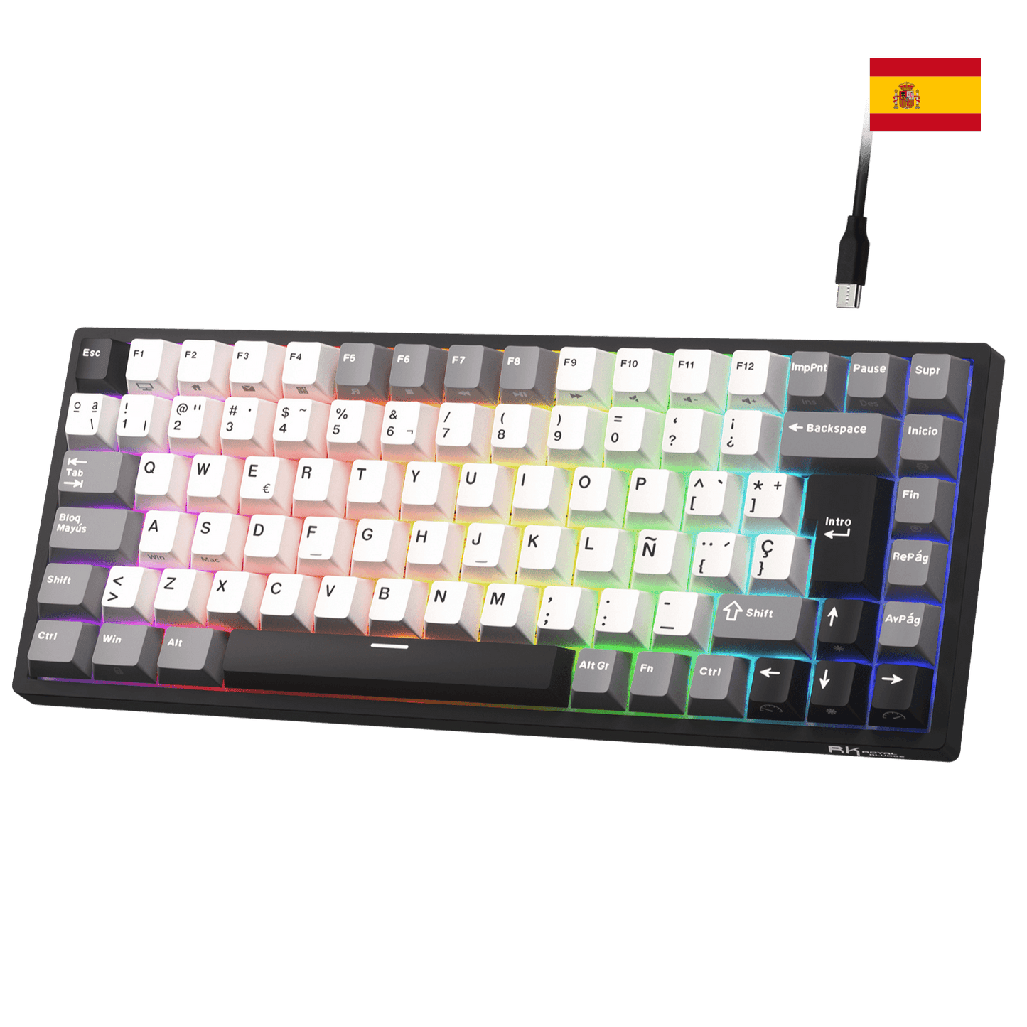 Close-up of Royal Kludge RK84 Spanish layout showing the native ES ISO keycaps with the Ñ character and large Enter key.