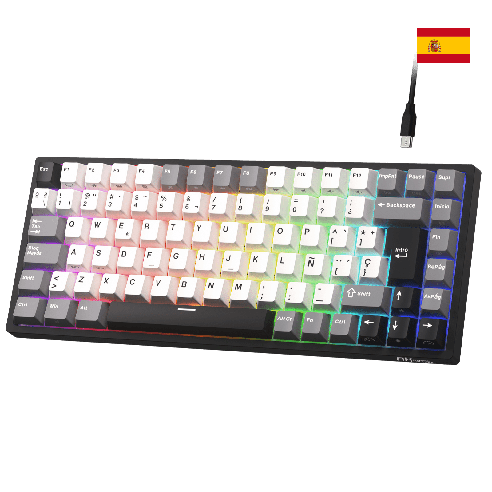 Close-up of Royal Kludge RK84 Spanish layout showing the native ES ISO keycaps with the Ñ character and large Enter key.