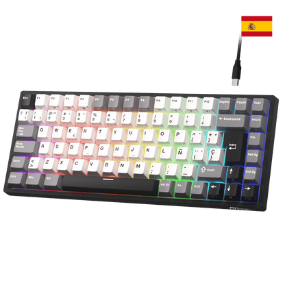 Close-up of Royal Kludge RK84 Spanish layout showing the native ES ISO keycaps with the Ñ character and large Enter key.
