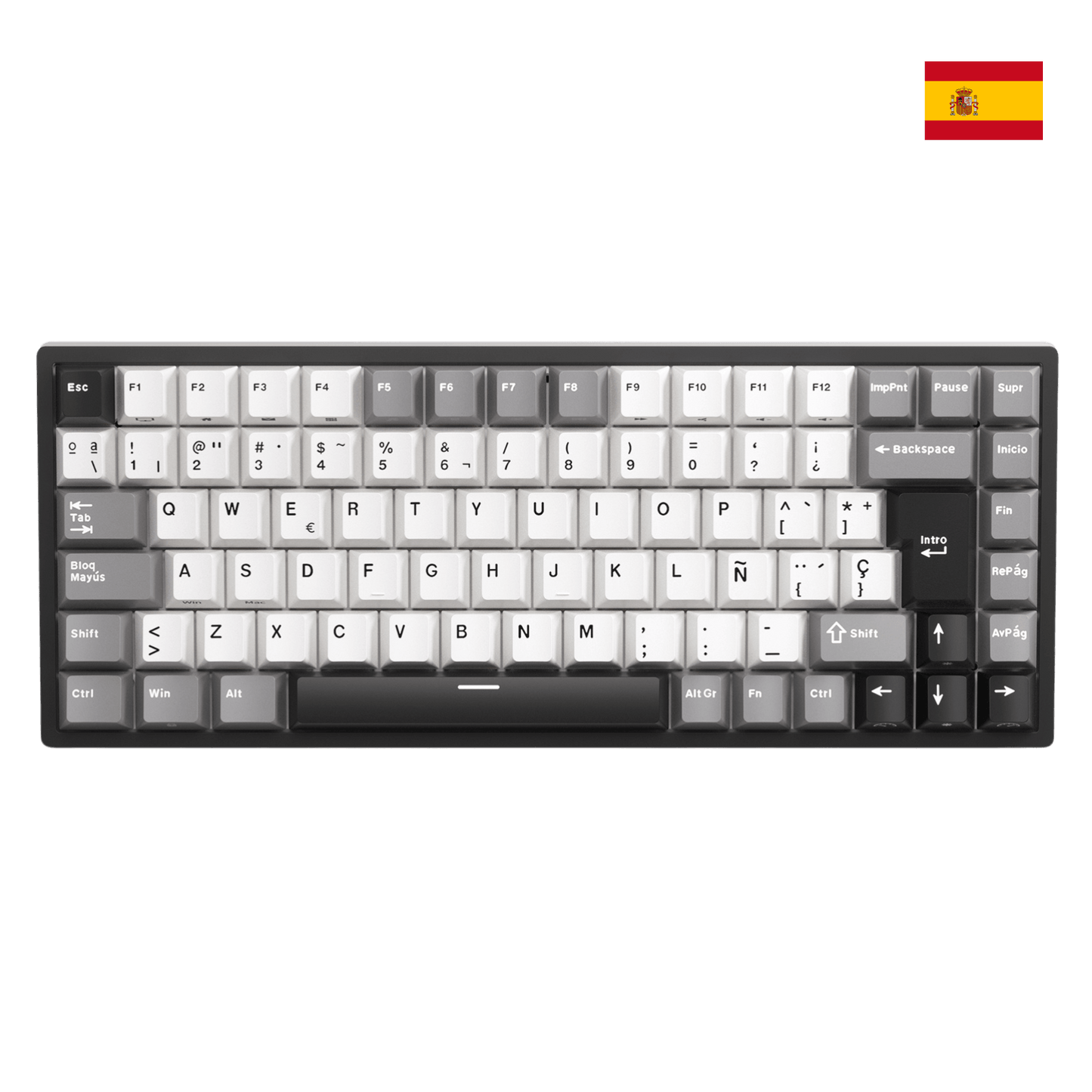 Close-up of Royal Kludge RK84 Spanish layout showing the native ES ISO keycaps with the Ñ character and large Enter key.