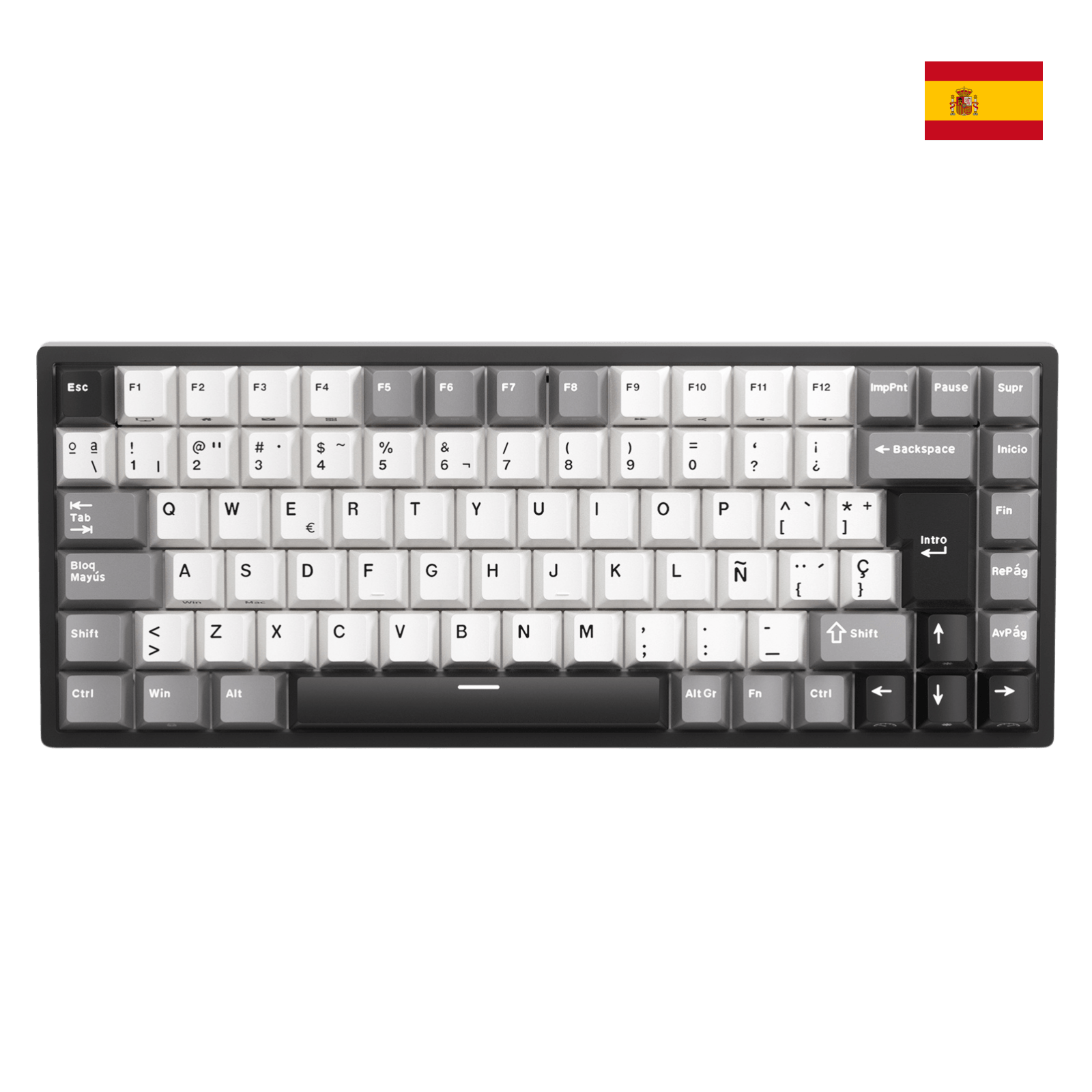 Close-up of Royal Kludge RK84 Spanish layout showing the native ES ISO keycaps with the Ñ character and large Enter key.