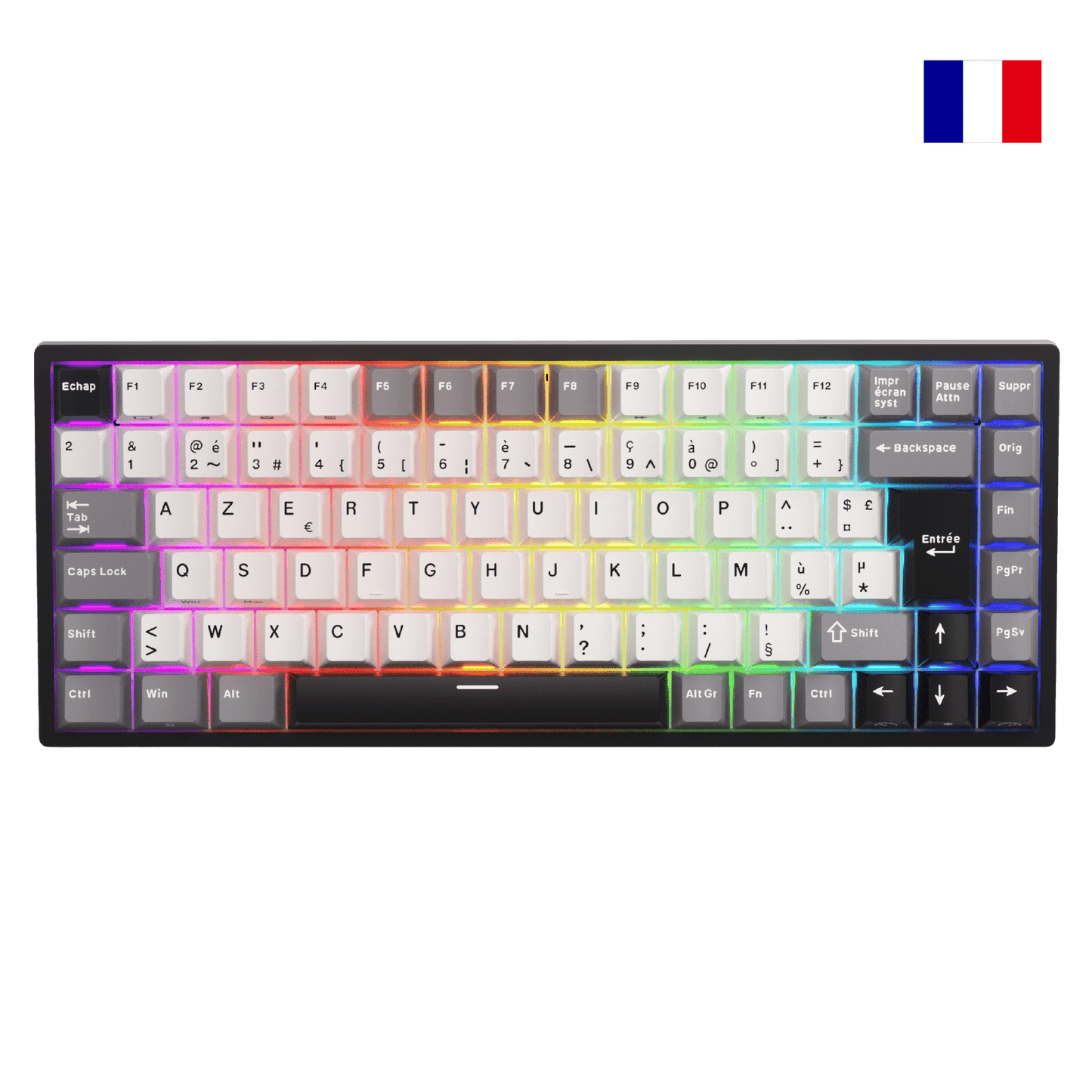 Close-up of Royal Kludge RK84 French layout mechanical keyboard showing native FR ISO AZERTY keycaps with accented characters.