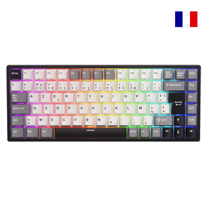 Close-up of Royal Kludge RK84 French layout mechanical keyboard showing native FR ISO AZERTY keycaps with accented characters.