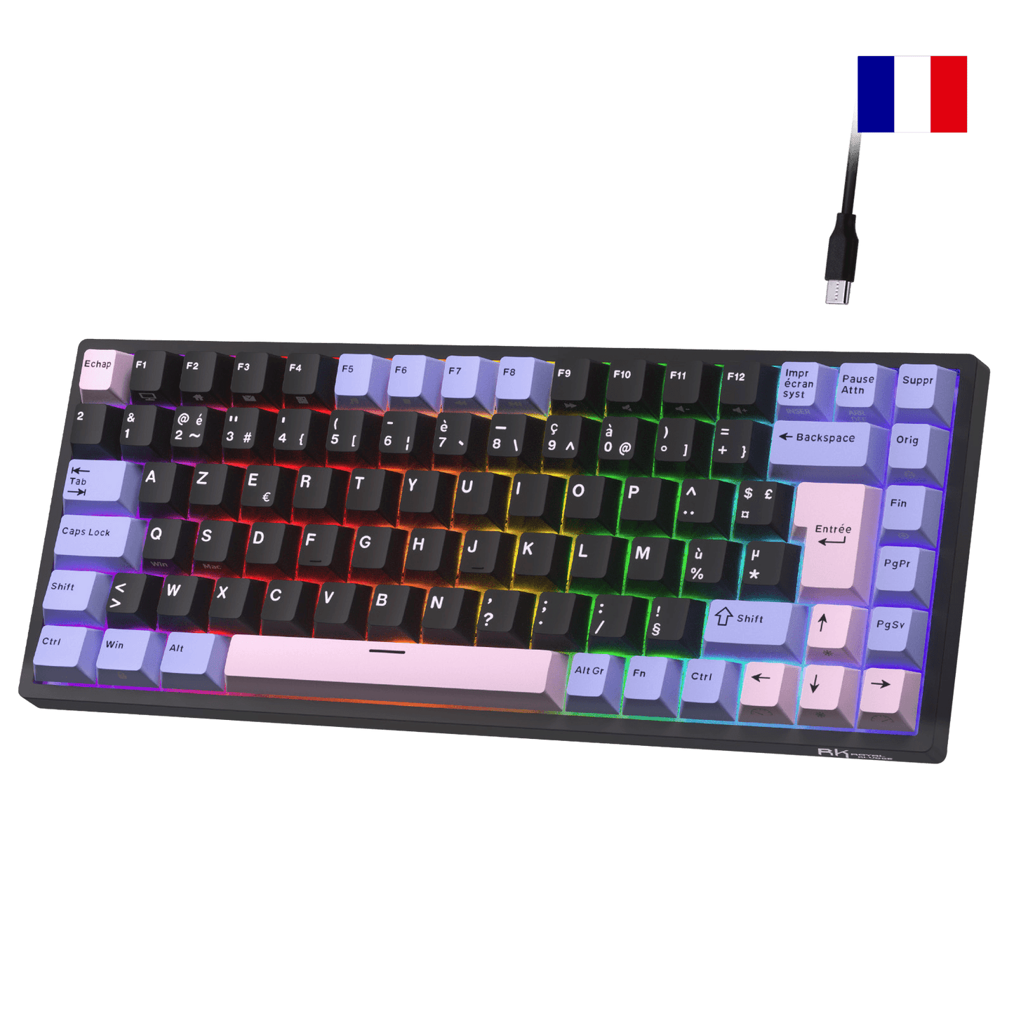 Close-up of Royal Kludge RK84 French layout mechanical keyboard showing native FR ISO AZERTY keycaps with accented characters.