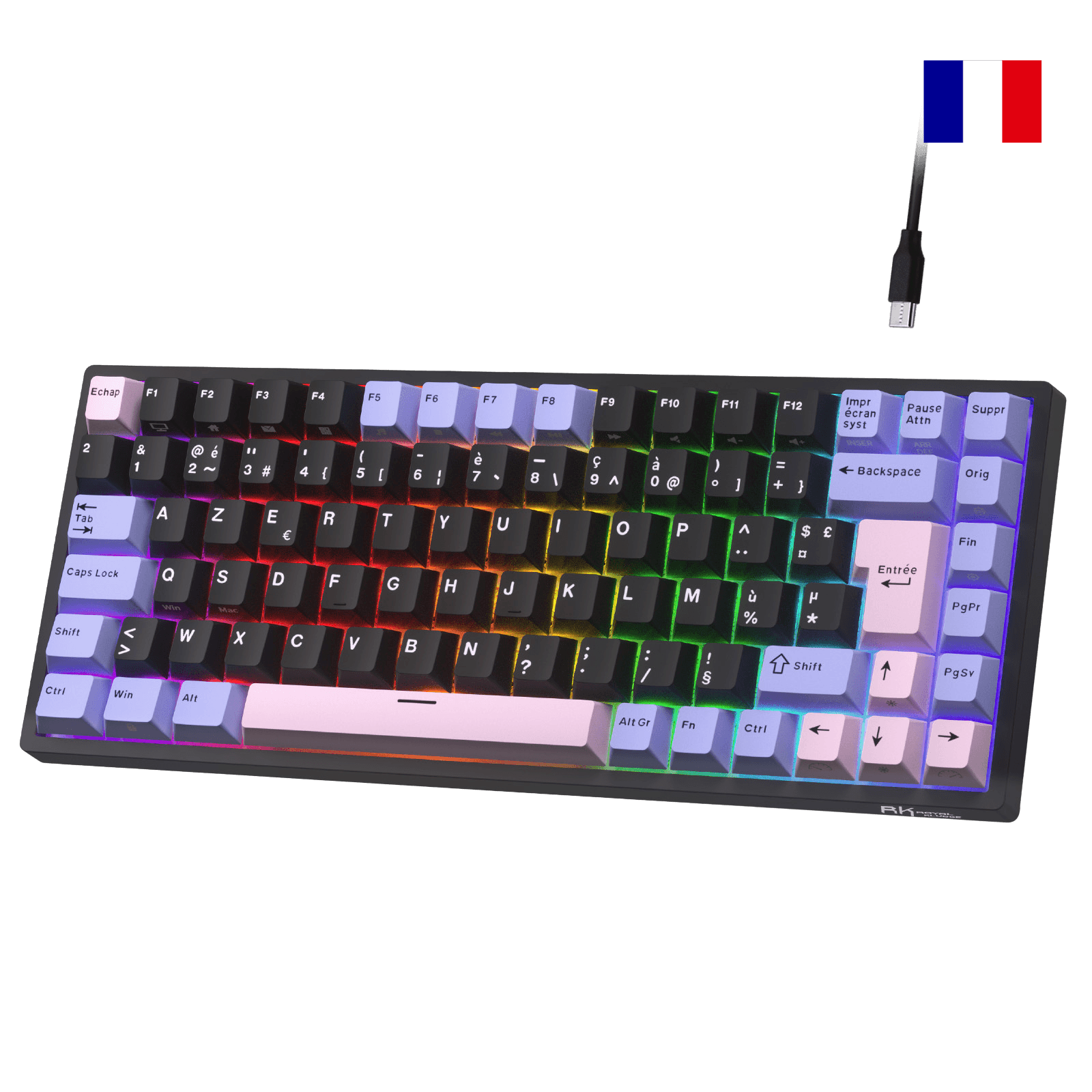 Close-up of Royal Kludge RK84 French layout mechanical keyboard showing native FR ISO AZERTY keycaps with accented characters.
