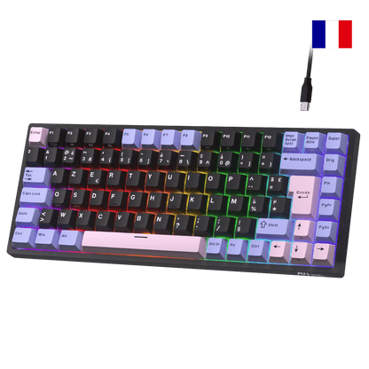 Close-up of Royal Kludge RK84 French layout mechanical keyboard showing native FR ISO AZERTY keycaps with accented characters.