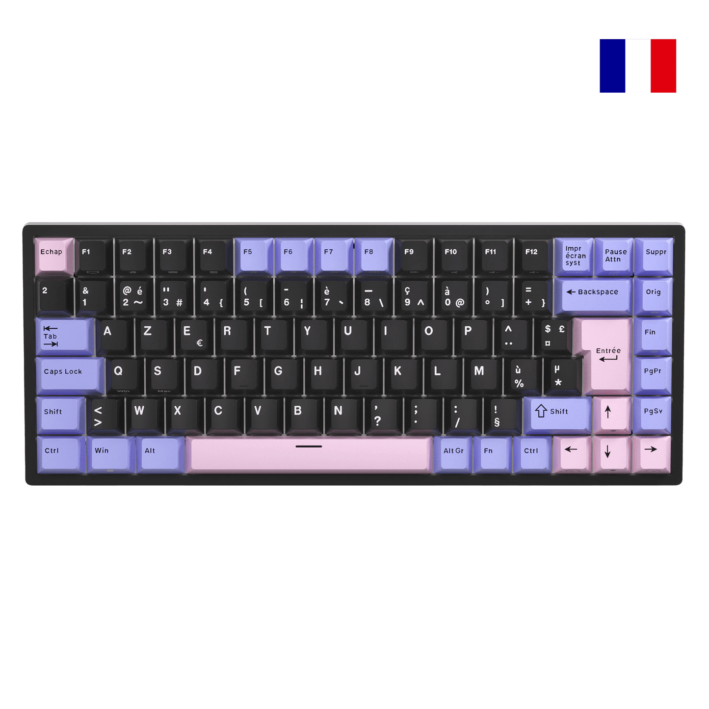 Close-up of Royal Kludge RK84 French layout mechanical keyboard showing native FR ISO AZERTY keycaps with accented characters.